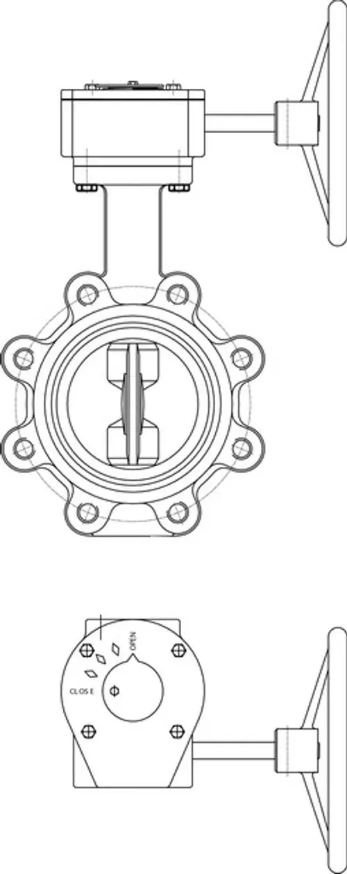 Technische Zeichnung einer Absperrklappe mit Getriebe von IMI Hydronic Engineering, die den Querschnitt, die Anbindung und die Bedienelemente zeigt.
